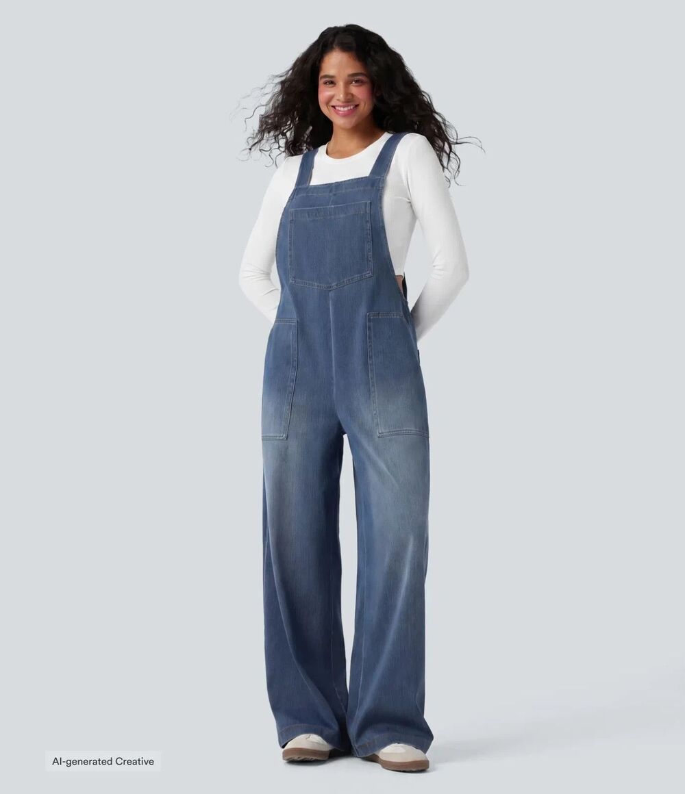 Halara Flex Square Neck Washed Denim Casual Overalls Pockets M Workwear Utility